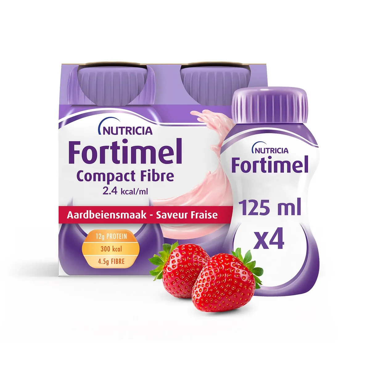 Fortimel Compact Fiber 2.4kcal Aardbeismaak Voedingssupplement Ondervoeding Flessen 4x125ml