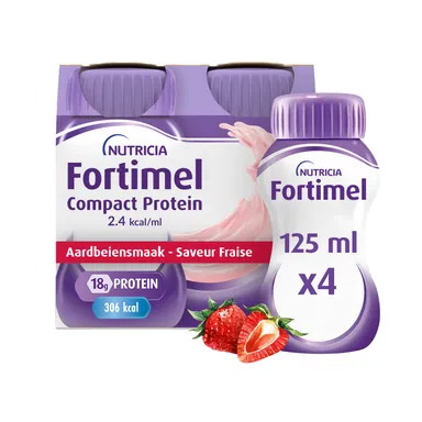 Fortimel Compact Protein Aardbeismaak Voedingssupplement Ondervoeding Flessen 4x125 ml