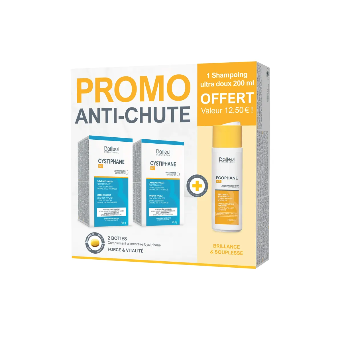 Cystiphane Cheveux Et Ongles Promopack 2x120 Comprimés + Shampoing Ultra Doux 200 ml Gratuit