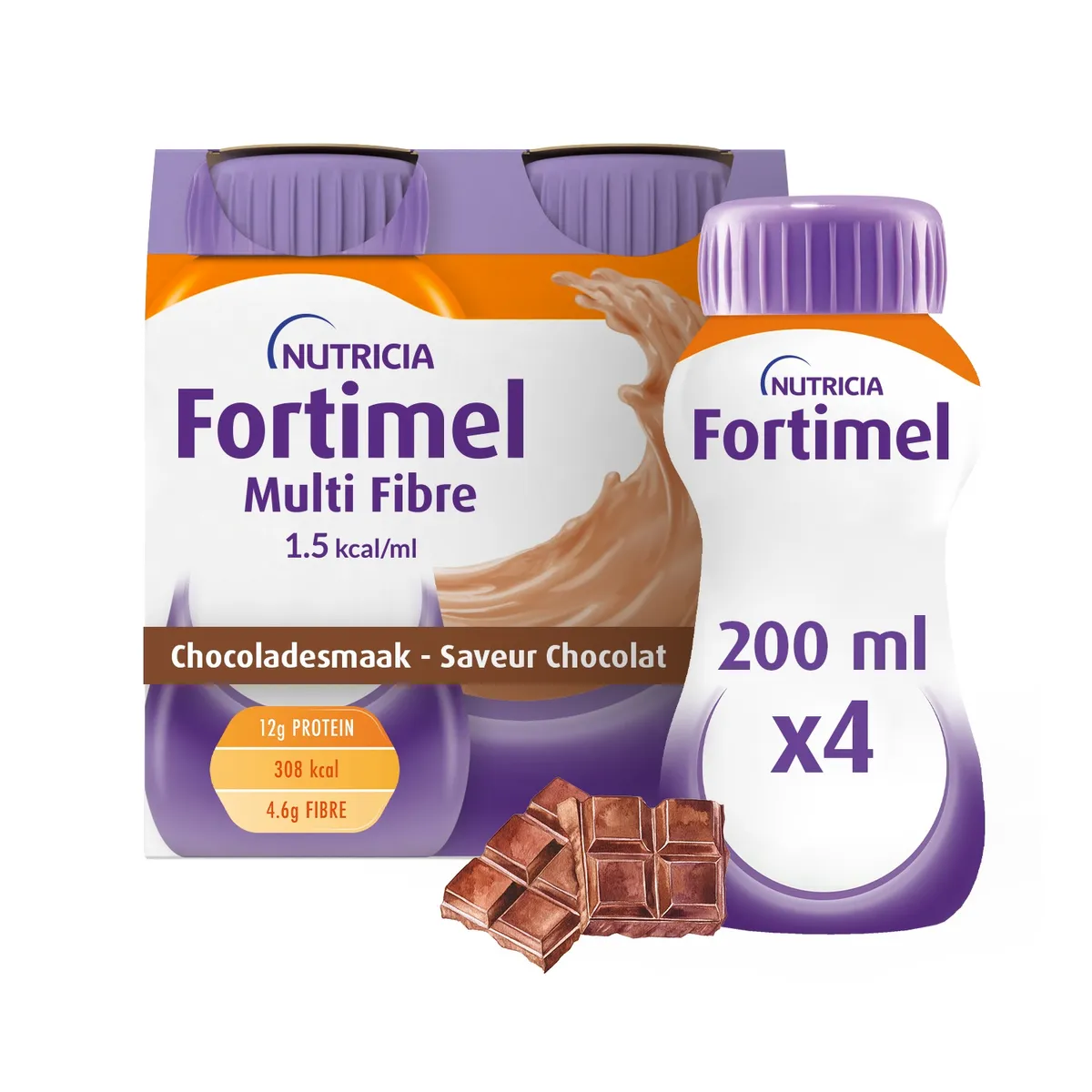 Fortimel Multifibre 1.5kcal Arôme Chocolat Complément Nutritionnel Dénutrition Bouteilles 4x200ml