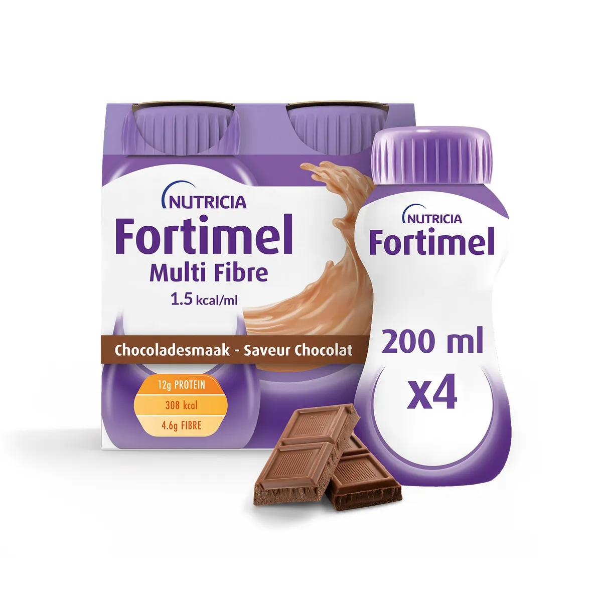 Fortimel Energy Multi Fiber 1.5kcal Chocolade Voedingssupplement Ondervoeding Flessen 4x200ml