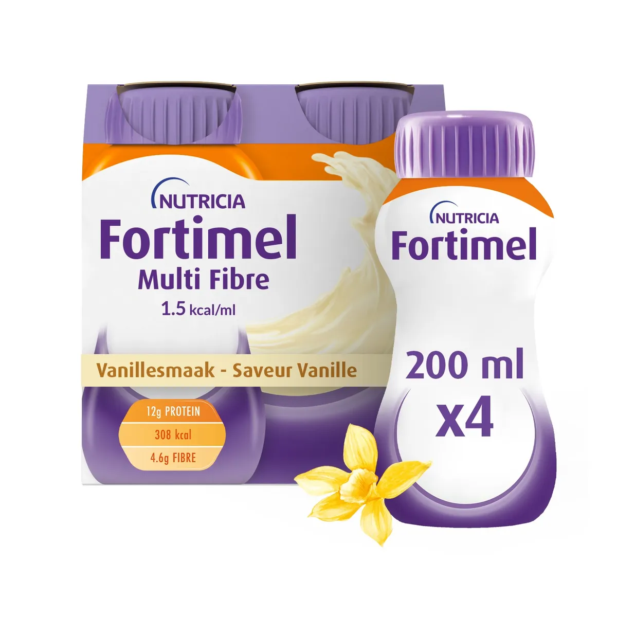 Fortimel Energy Multi Fiber 1.5kcal Vanille Voedingssupplement Ondervoeding Flessen 4x200ml
