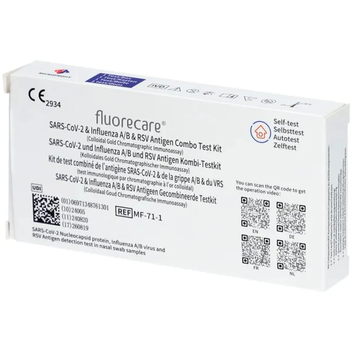 1 zelftest Fluorecare Combo 4-in-1 Covid - Griep A/B - Bronchiolitis (VRS) Neus