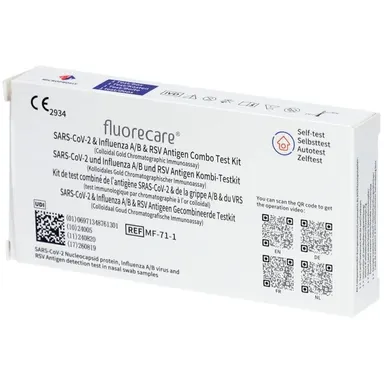 1 zelftest Fluorecare Combo 4-in-1 Covid - Griep A/B - Bronchiolitis (VRS) Neus
