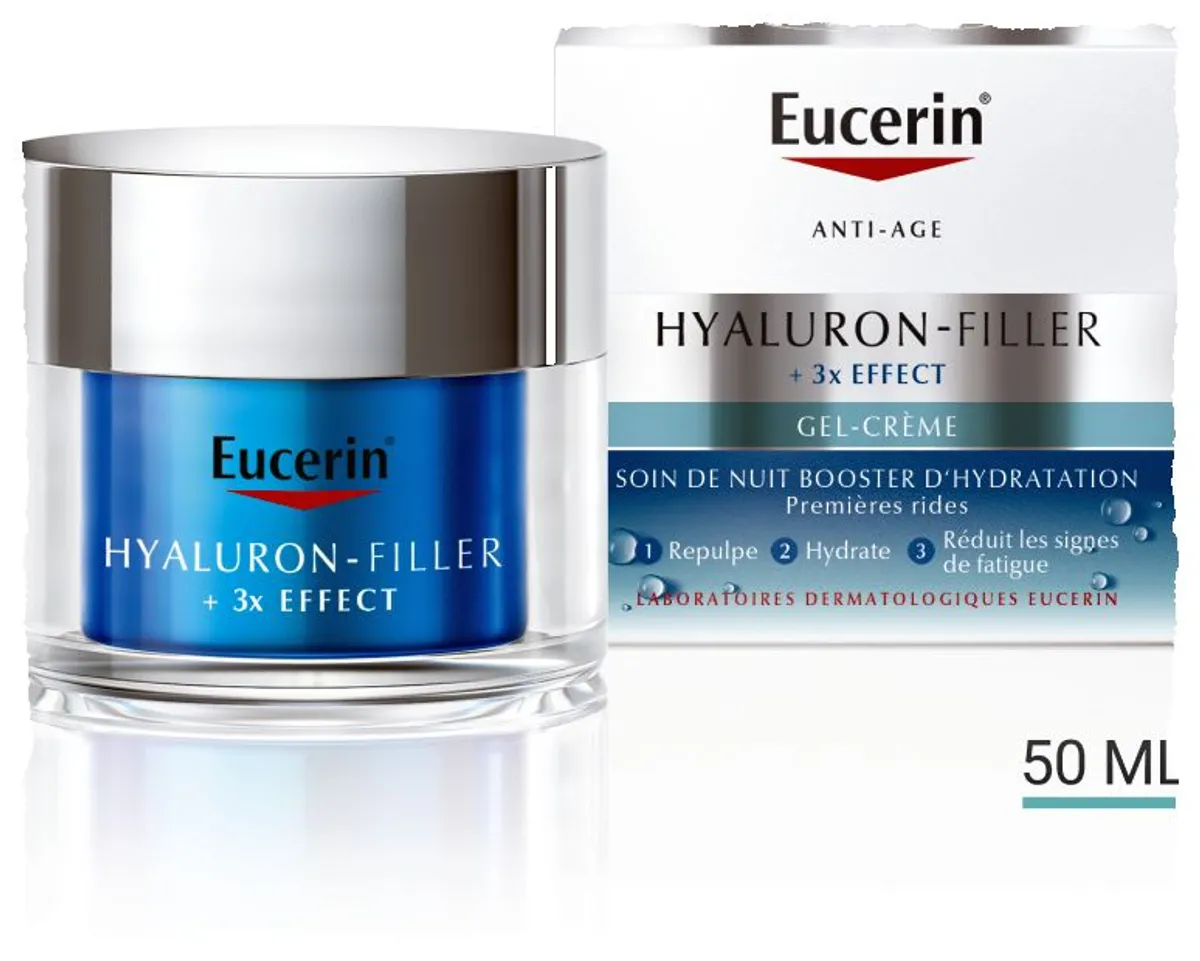Eucerin Hyaluron-Filler + 3x Effect Soin de Nuit Booster d'Hydratation Gel-Crème Anti-Rides & Anti-Âge Pot 50ml