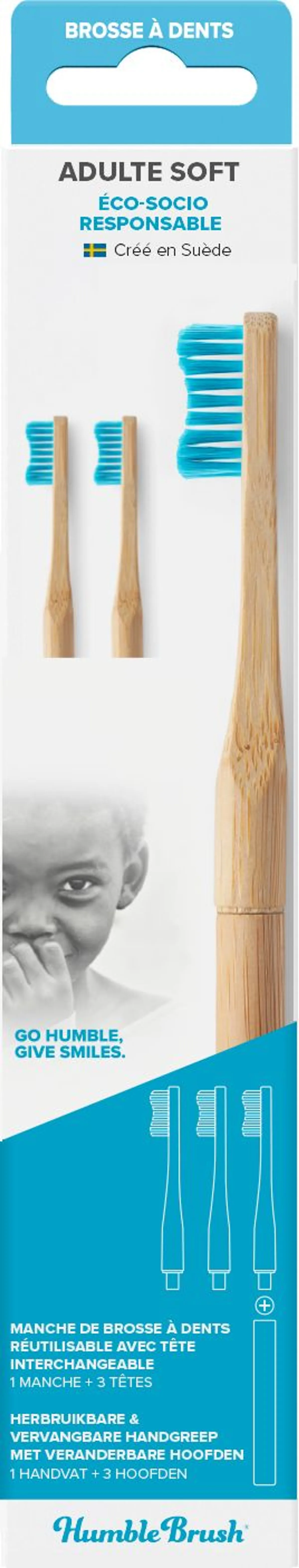 Humble Brush Brosse à Dents En Bambou Adulte Bleu Soft + 3 Têtes Interchangeables