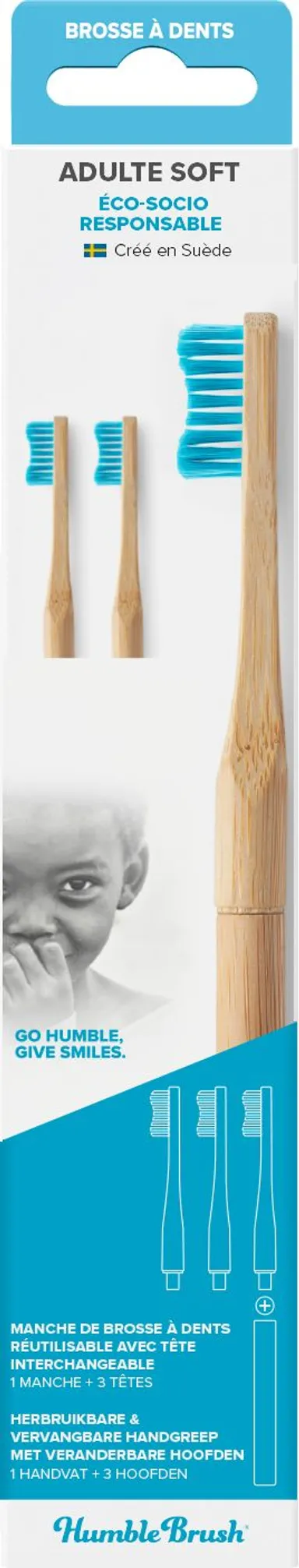 Humble Brush Brosse à Dents En Bambou Adulte Bleu Soft + 3 Têtes Interchangeables