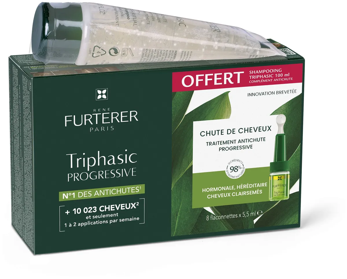 René Furterer Triphasic Traitement Antichute Progressif 8x5,5ml + Shampooing 100ml Gratuit