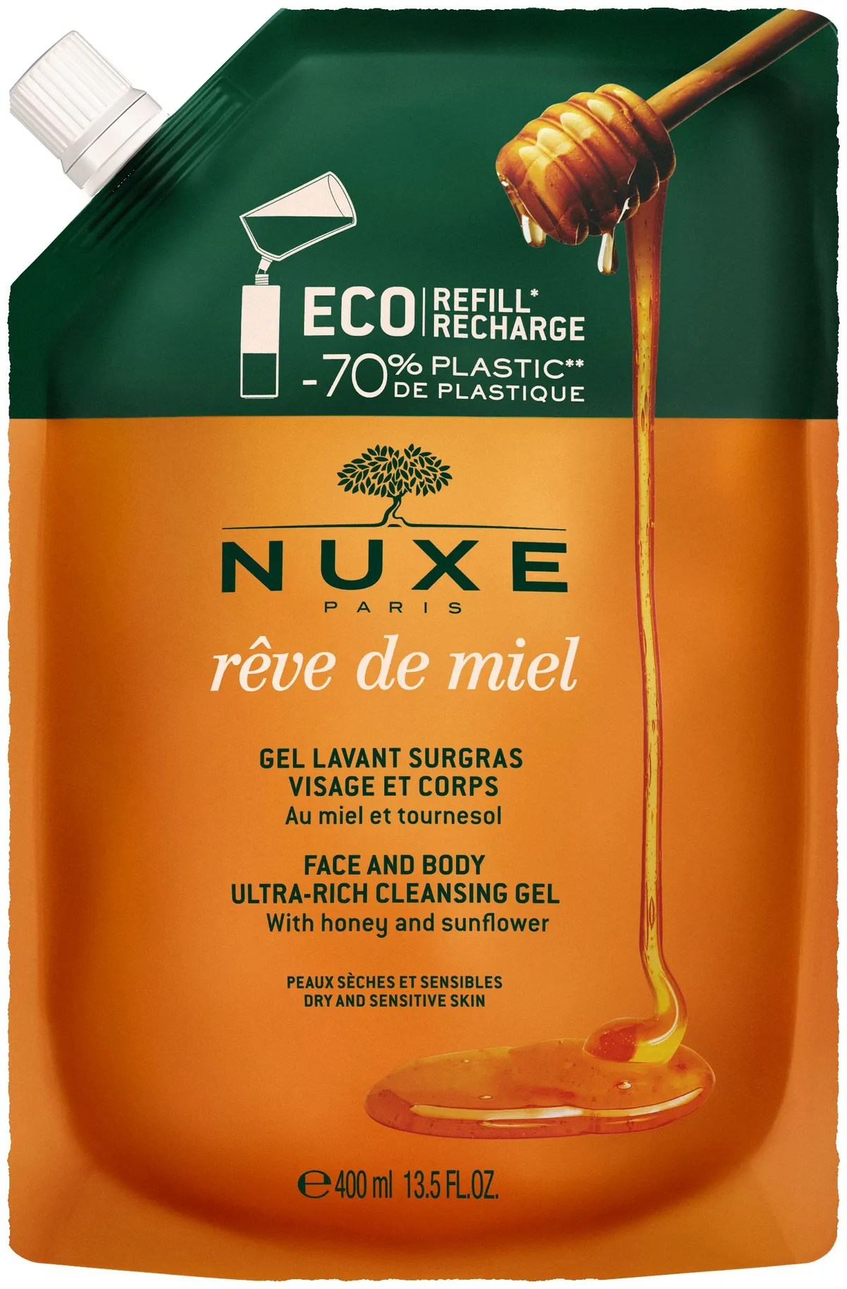 Nuxe Reve De Miel Overvette reinigingsgel Gezicht en Lichaam Eco-Navulling 400 ml