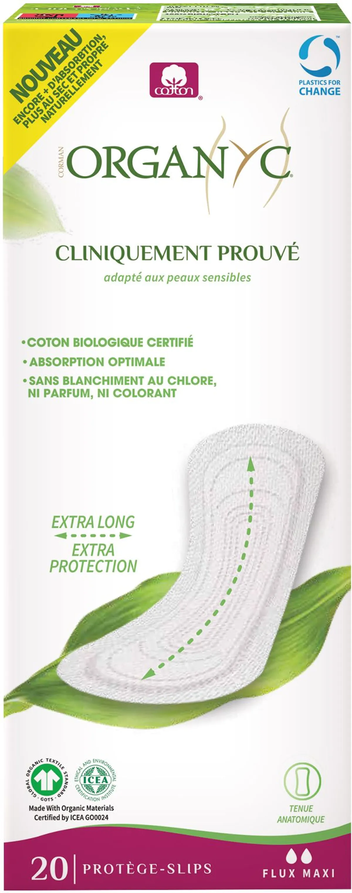 Organyc Protège-Slips Extra Long Flux Léger 20 Pièces