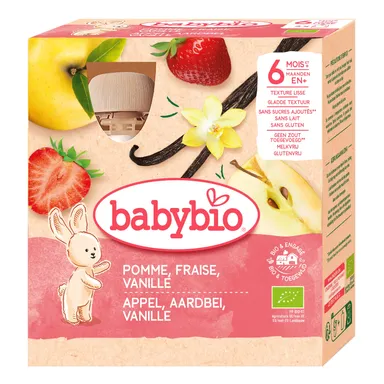 Babybio Fruitpap Appel Aardbei Vanille +6 Maanden 4x90 g