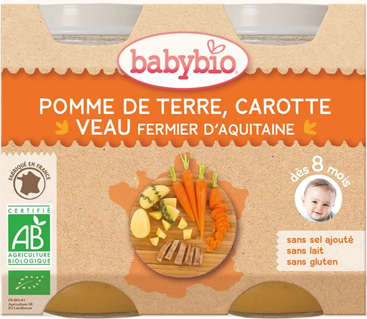 Babybio Petits Pots Pomme De Terre Carotte Veau +8Mois 2x200g