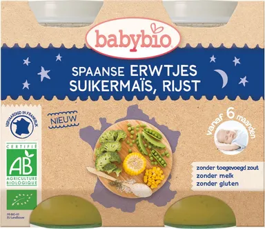 Babybio Potjes Avondmaal Erwten Zoete Maïs Rijst +6 Maanden 2x200 g