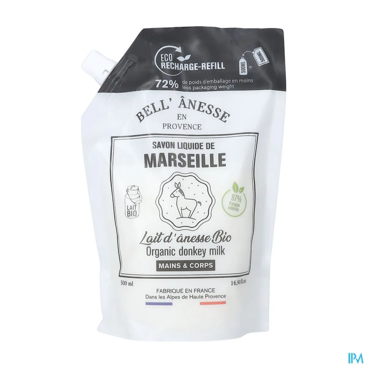 BELL'ANESSE EZELINNENMELK BIO VLOEIBARE ZEEP ECO-REFILL 500ML