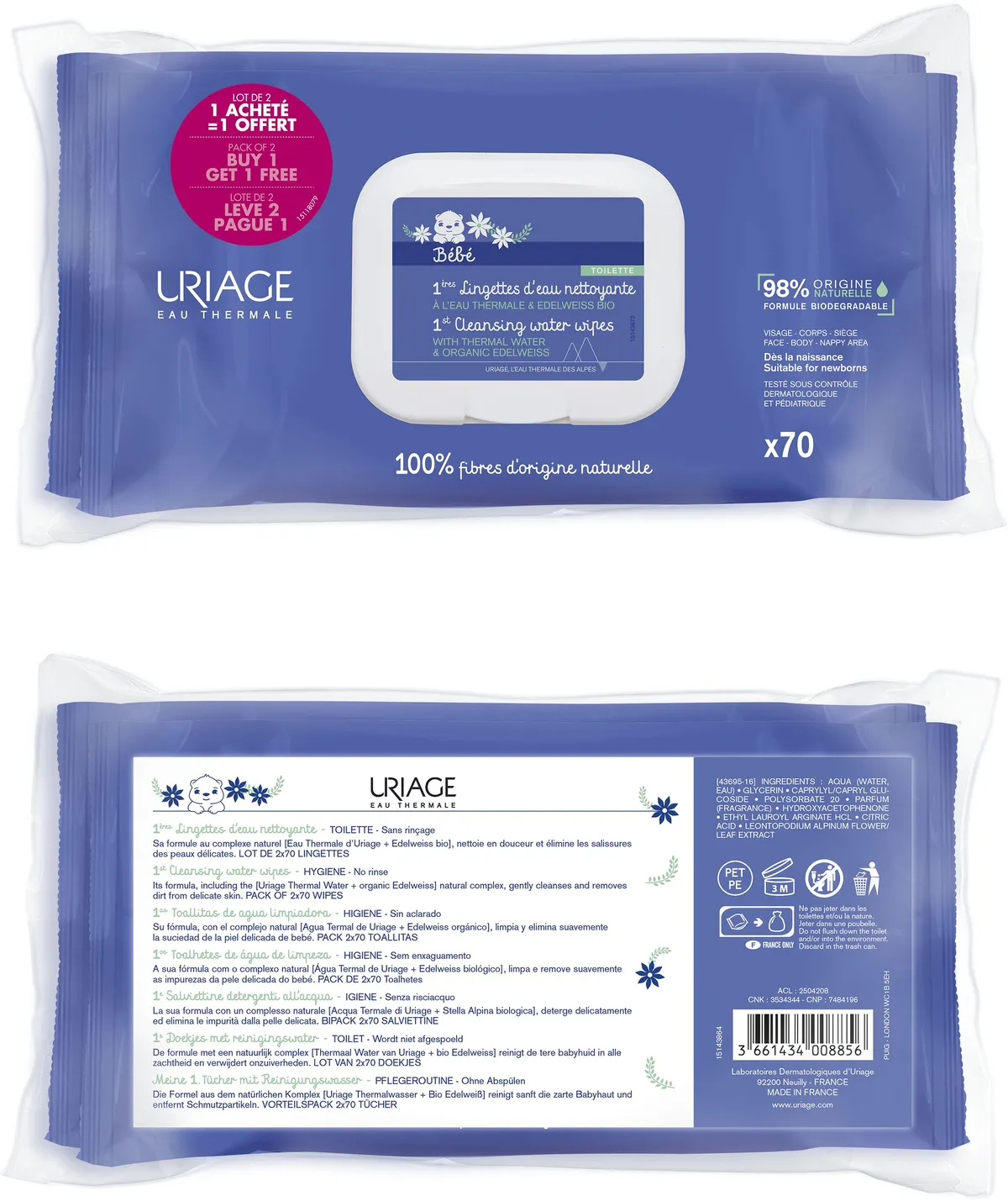 Uriage Bébé 1ères Lingettes Nettoyantes Duo 2x70 Lingettes