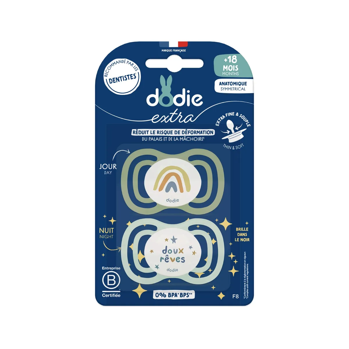 Dodie Extra Sucette Anatomique Spécial Jour/Nuit Duo +18M